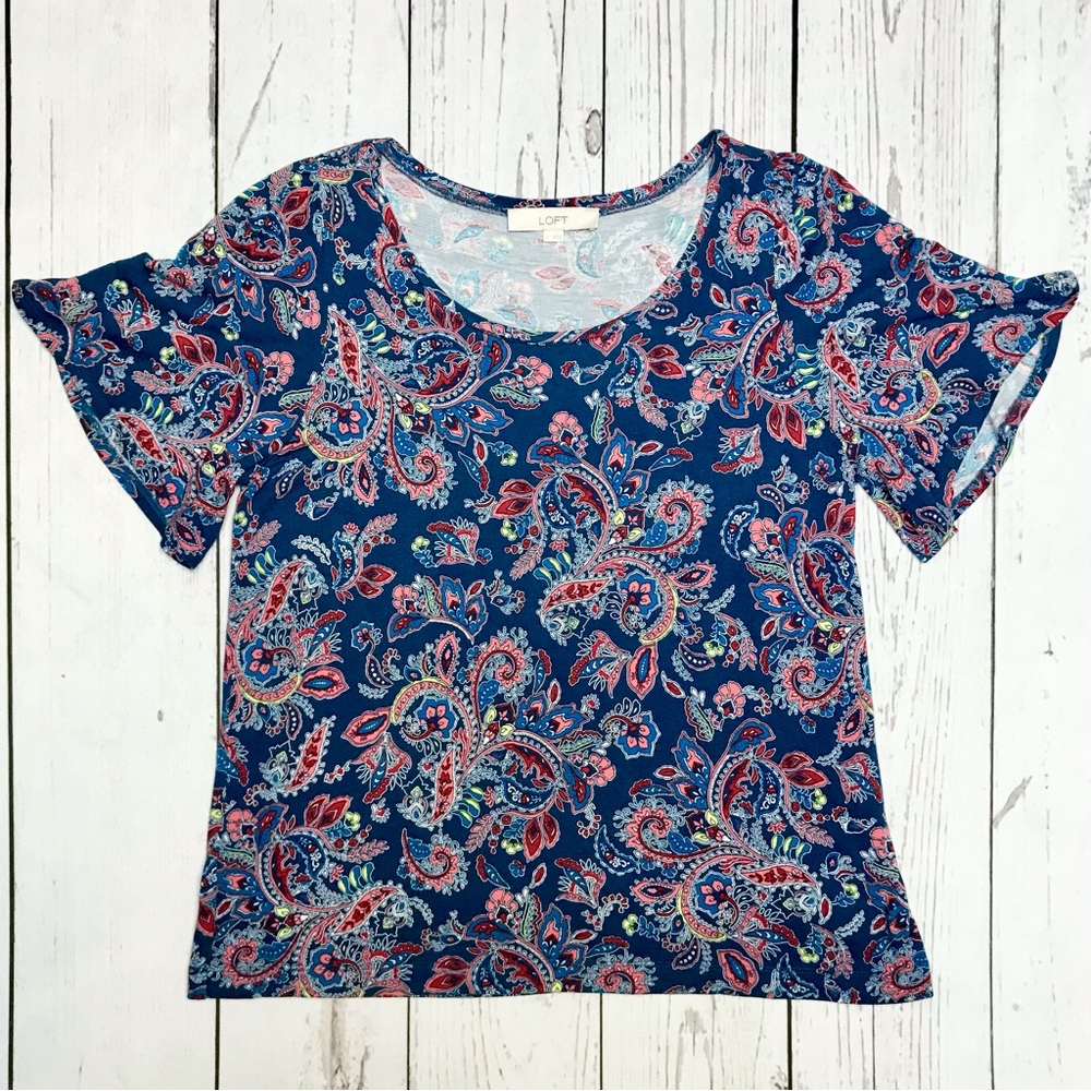LOFT Blue Paisley Puff Sleeve Tee SIZE LARGE